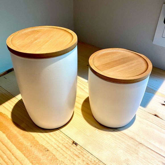 The Container Store, Sets of 2 Ceramic Canisters with Bamboo Lids. - Picture 1 of 5